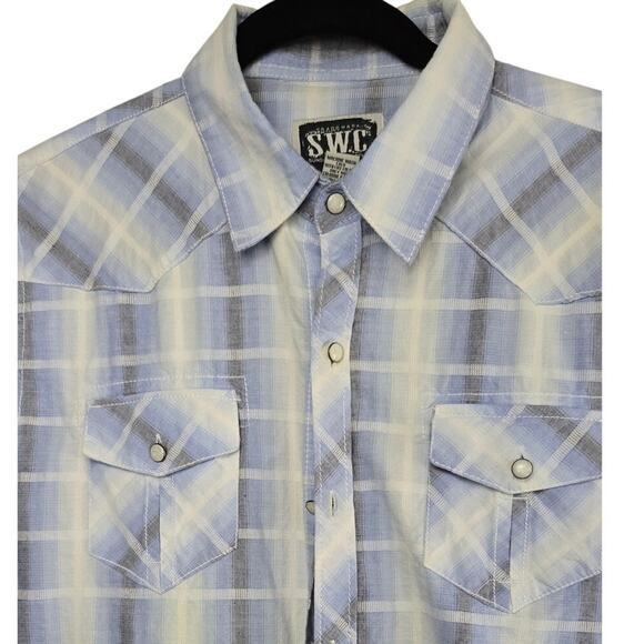 SWC Sunday Work Clothes Blue Plaid Short Sleeve Button-Up Shirt Size Large - Picture 2 of 5